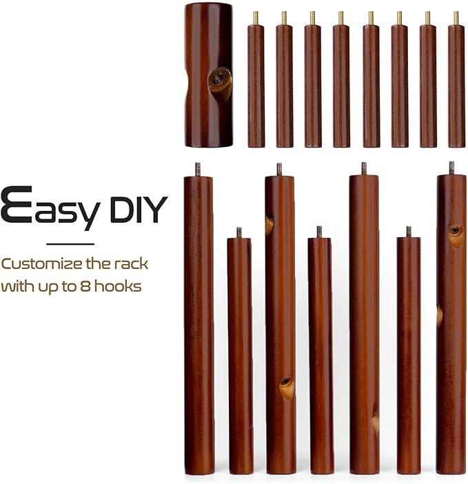 2 PC Wooden Coat Rack Freestanding with 8 Hooks & 3 Adjustable Sizes for Clothes, Space-Saving Design for Bedroom Office Entrance Holds Hats Coats Scarves Bags