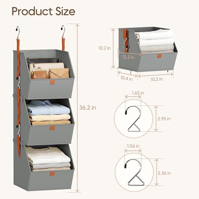 Homsorout Collapsible Hanging Closet Organizer - 3 Tier Closet Shelves Storage System with Hooks, Fabric Hanging Storage Bins for Clothes, Foldable Storage Basket for Laundry, Bedroom, Rv, Grey