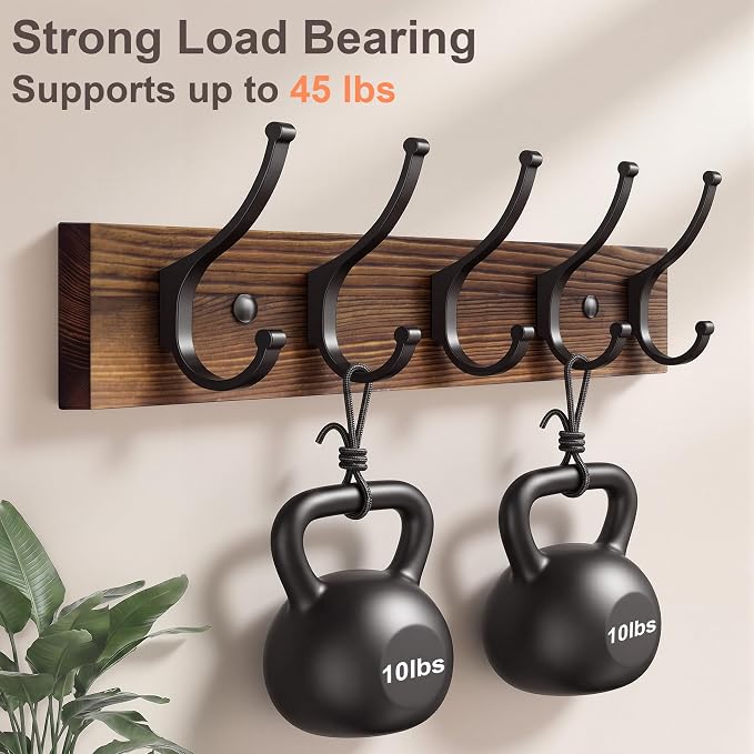 Optish 1 Pack Wooden Coat Rack Wall Mount, 16.1" Rustic Coat Hanger Hooks with 5 Double Hooks, Wall Coat Rack for Hat, Clothes, Bags, Jacket, Brown