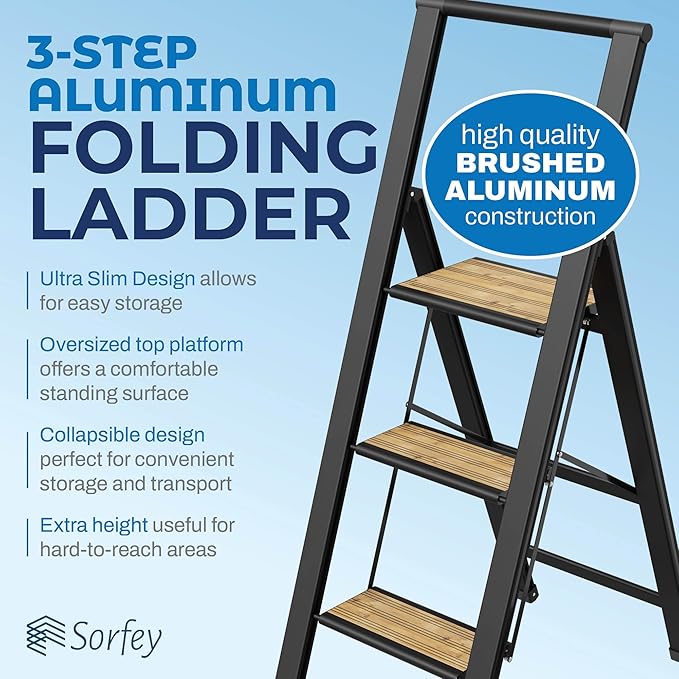 Step Ladder 3 Step Folding, Decorative - Beautiful Bamboo & Black Aluminum, Ultra Slim Profile, Anti Slip Steps, Sturdy-Portable for Home, Office, Kitchen, Photography Use,By SORFEY
