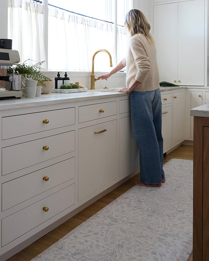 House of Noa Nama Standing Mat – Anti-Fatigue Kitchen Mats for Floor, Cushioned & Non-Slip Comfort Mat for Standing, Thick Foam Anti-Fatigue Mat for Kitchen & Workspaces, Emile Delft Blue 30" x 108"
