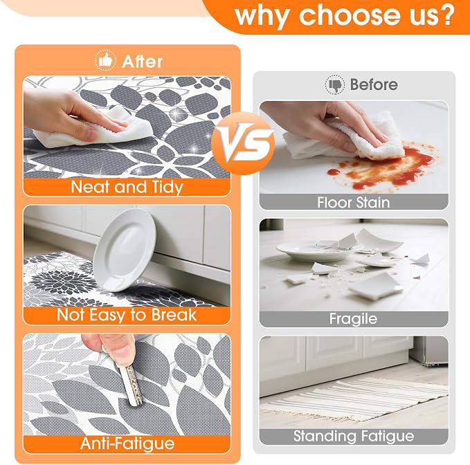 StepLively Kitchen Mats for Floor 2PCS, Anti Fatigue Mats for Kitchen Floor, Kitchen Accessories for Sink, Office, Laundry, 17.3"×30"+17.3"×47", White and Grey