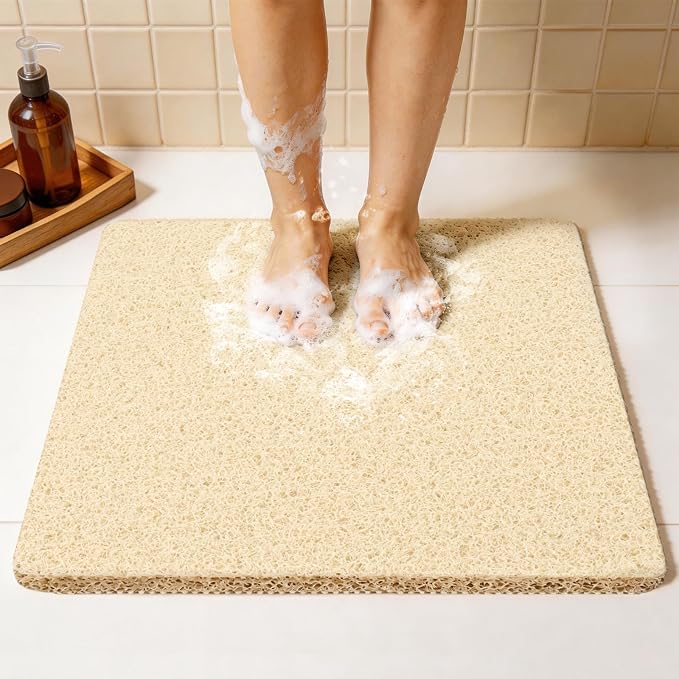 Joyhalo Shower Mat Bathtub Mat Non Slip, Bathmats Non Slip, Quick Drying Foot Scrubber Loofah Mats for Shower, Tub, Bathroom, Home, 24x24inch, Beige