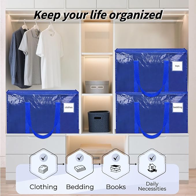 16 Pack Extra Large Heavy Duty Moving Bags, Blue Storage Bins with Lids, Reinforced Handles & Heavy-Duty Zippers Moving Boxes Storage Bags Totes for Clothes Packing, Dorms, College Supplies, Blue