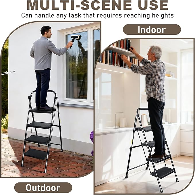Valeo 4 Step Ladder, 4 Step Ladder for Adults with with Safe-Lock Design, Wide Anti-Slip Pedal, 500lbs Sturdy Steel Ladder, Step Stool Foldable with Cushioned Handle,Black