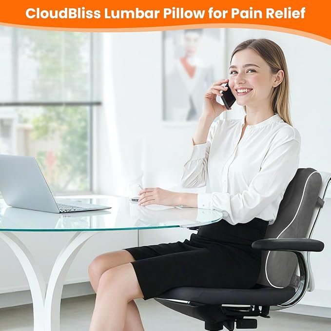 CloudBliss Ergonomic Lumbar Support Pillow Seat Cuhsion - Memory Foam for Lower Back Pain Relief, Adjustable Straps & Mesh Cover for Office, Gaming, Car Seat (XL, Grey)