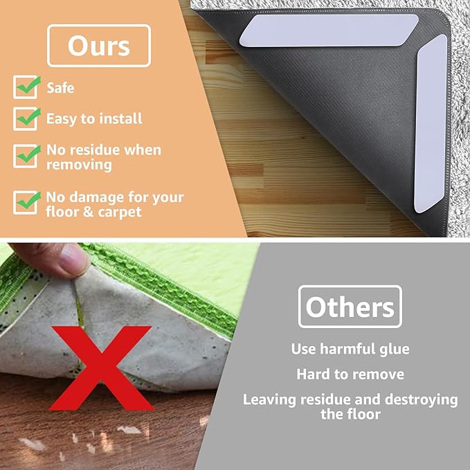 ZONGOOL 8 PCS Rug Tape Non Slip – Reusable Washable Rug Grippers for Hardwood Floors, Double Sided Rug Pads to Prevent Sliding & Curling, No Floor Damage, Rental Friendly, White