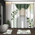 Boho Sage Green Mid Century Shower Curtain Set with Toilet Lid Cover and Non-Slip Rugs, Abstract Bohemian Gold Leaves Plant 4 Pcs Modern Minimalist Shower Curtain for Bathroom Set with 12 Hooks