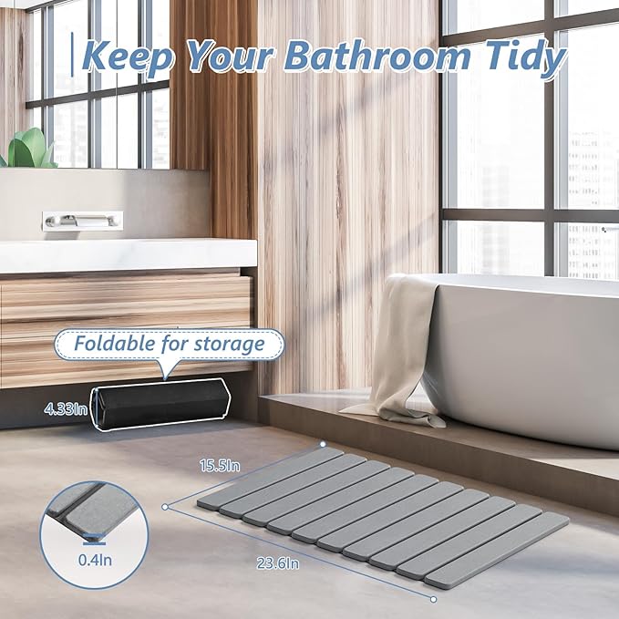 AWW Foldable Stone Bath Mat, Quick Dry Diatomaceous Earth Bath Mat with Non-Slip Mat, Super Absorbent, Easy to Clean, Compact for Small Bathrooms, 23.6 x 15.5, Grey