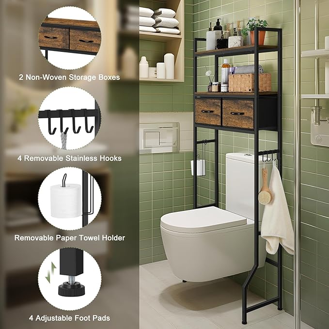 ETELI Over The Toilet Storage Cabinet Bathroom Storage Cabinet Over Toilet Fit Most Toilets Above Toilet Shelf Bathroom Shelf Organizer with Fabric Drawers, Rustic Brown