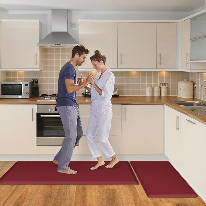 HappyTrends 2 PCS Kitchen Mat Cushioned Anti-Fatigue Floor Mat, Heavy Duty Ergonomic Comfort Foam Standing Mat,20"x30"+20"x47",Red