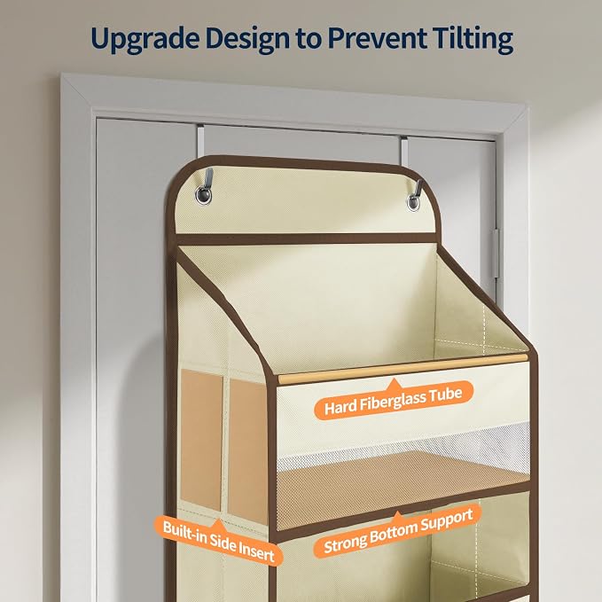 Yecaye Over The Door Organizer Storage, 5-Tier Heavy Duty Door Organizers Hanging with 10 Side Mesh Pockets, 44 lbs Load Capacity Behind Door Storage for Bathroom Nursery Bedroom Dorm Closet,Beige,1Pc