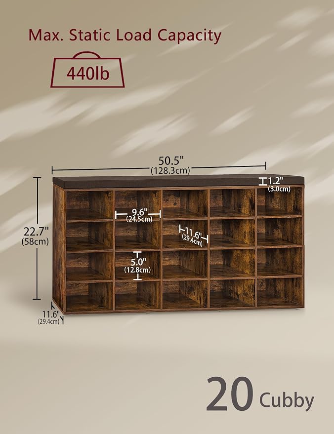 DINZI LVJ Shoe Storage Bench, 20-Cubby Shoe Rack Bench with Cushion, Fully Adjustable Shelves, Shoe Organizer for Closet, Entryway, Mudroom, Hallway and Garage, Rustic Brown