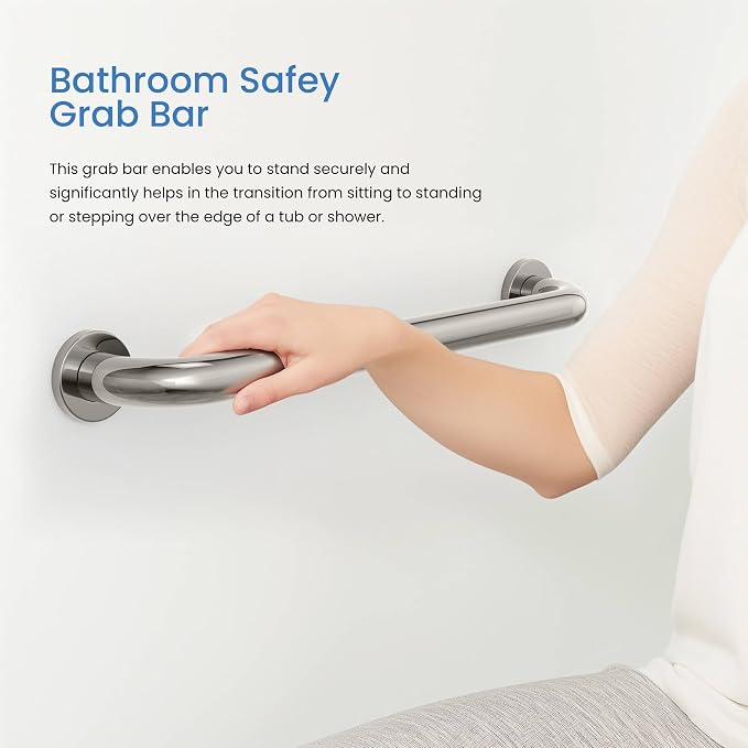 KIBI 12 Inch Stainless Steel Bathroom Safety Grab Bar | Curved Shaped Grab Bar for Bathtubs and Showers, Shower Safety Grab Bars for Seniors, Wall Mounted Anti-Slip Support (Chrome, KGB1012)