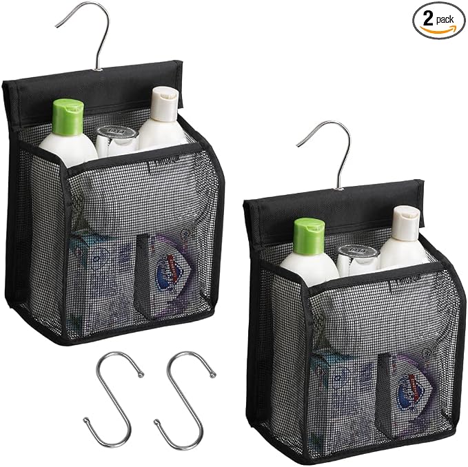 ALYER Hanging Mesh Shower Caddy Organizer Bathroom Storage Bag with Hooks for College Dorm, Gym, Swimming,RV and Travel,Black-2 Pack