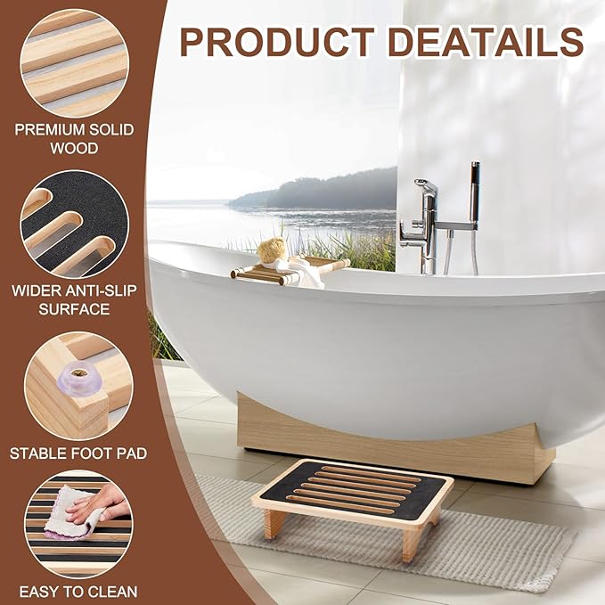 One Step Stool for Adults Seniors, Non-Slip Rubber Step Surface Heavy Duty Wooden Stepping Stool, Perfect Bed Steps for High Beds & Daily Use