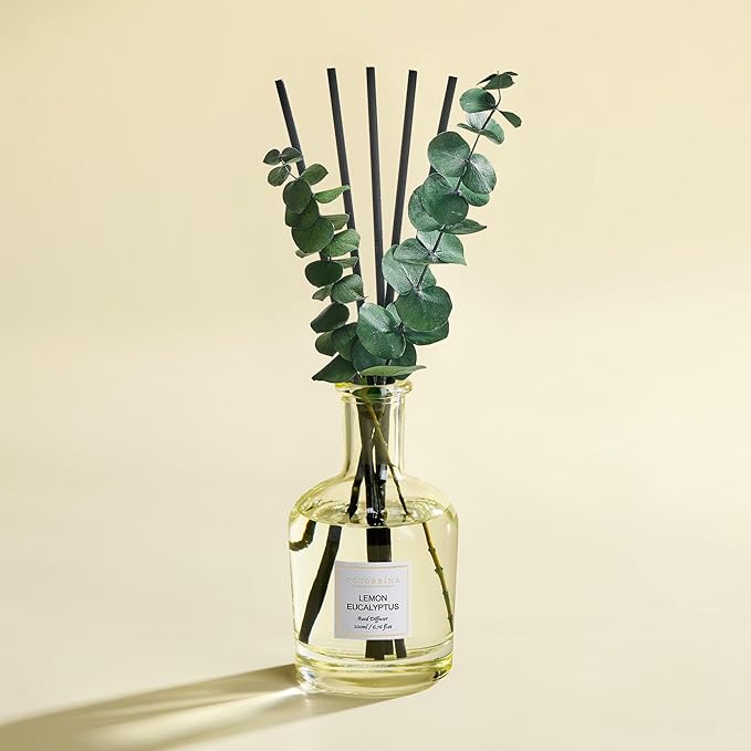 COCORRÍNA Lemon Eucalyptus Reed Diffuser – 6.76 oz Essential Oil with 8 Reeds & Real Eucalyptus Sticks, Home Fragrance for Bedroom or Bathroom Décor