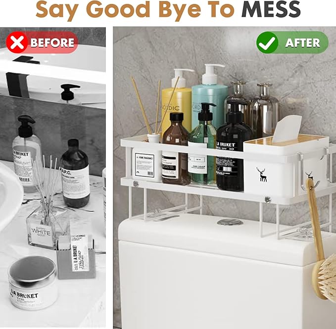 ShellKingdom Over The Toilet Storage Shelf, Toilet Paper Holder Stand Shelves, Punch-Free Bathroom Storage Rack with 2 Hooks, Small Space Organizers for Bathroom, Home, Countertop, White