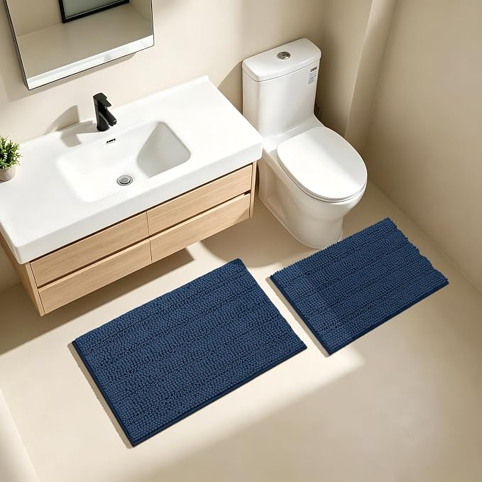 Bcoimo Bathroom Rug Set, Chenille Bath Mat Set with High Low Pile Design, Soft Absorbent Non Slip Bathroom Rugs, Machine Washable Quick Dry Mats for Shower, Tub, Sink and Vanity