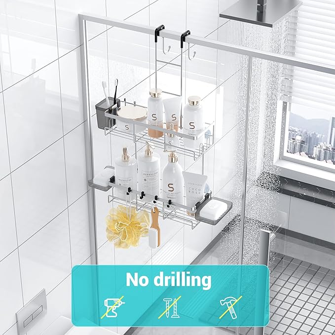 Aitatty Over the Door Hanging Shower Caddy: Rustproof Hanging Organizer over the Door - No Drilling Bathroom Rack for Inside Shower Chrome