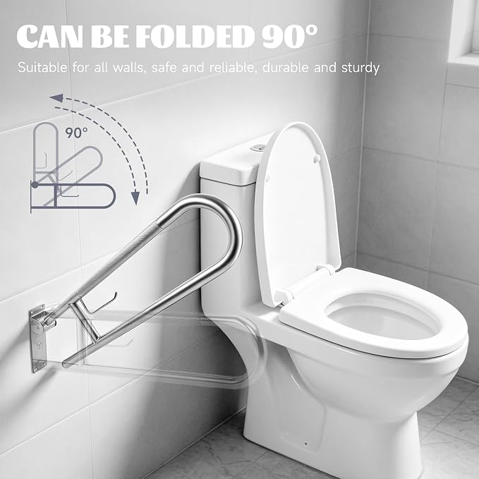 30.3 Inch Toilet Grab Bar, HUAS Brushed Nickel Anti Slip Bathroom Toilet Safety Rails, U Shaped Flip-Up Handicap Grab Bars w/Paper Holder, Stainless Steel Support Handrail for Elderly Disabled Senior