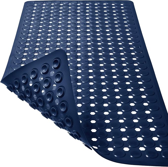 TEESHLY Bath Mat for Tub & Shower, Non Slip Soft Bathmat with Suction Cups & Drain Holes, Machine Washable Bathtub Floor Liner Mats for Bathroom, 35x16 Inch, Navy Blue