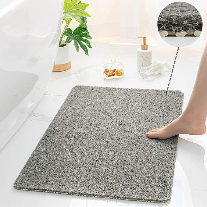 Anti Slip Shower Mat, Soft Textured Bath Mat, Easy Drain Non Slip Comfort Bathtub Mats, Quick Drying PVC Loofah Bathroom Mats, Phthalate Free (15.5" × 23.5", Grey)