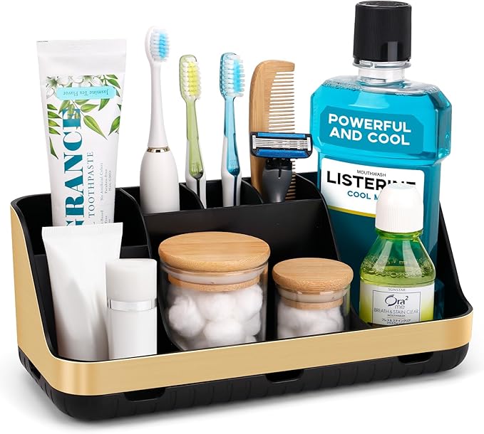 GFWARE Gold Toothbrush Holders for Bathrooms Countertop Organizer - Detachable 7 Slots Electric Toothbrush and Toothpaste Holder, Kids Organization and Storage, Restroom Accessories Vanity Stuff