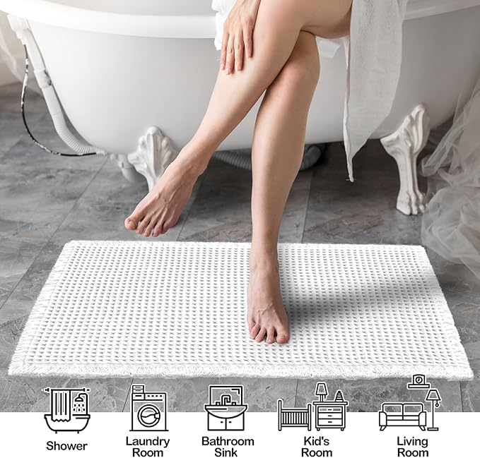 ZALL Waffle Bath Mat White Super Absorbent Non Slip Bathroom Rug 24x48inch,Machine Washable Ultra Soft Floor Mats