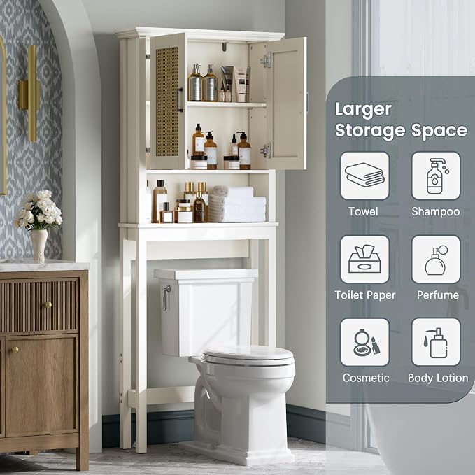 Over The Toilet Storage Cabinet, Over Toilet Storage Cabinet with Rattan Door and Anti-Tip, Above the Toilet Storage for Bathroom Behind the Toilet Bathroom Organizer, Rattan