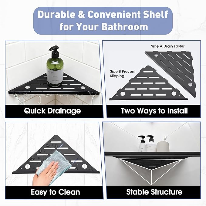 Corner Shower Shelf, 10'' Shower Corner Shelf with Towel Bar & Hooks, 304 Stainless Steel Recessed Bathroom Shelves, No Drilling for Tiled Wall, 2-Pack (Matte Black)