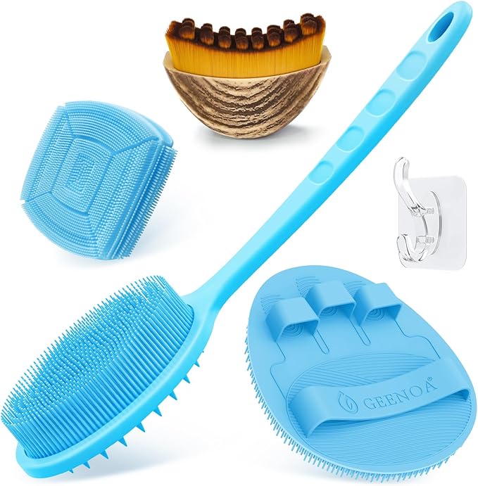 Silicone Back/Body/Face Scrubber & Lymphatic Contour Face Brush Set 4PCS, 13.4'' Soft Back Scrubber, 360° Anti-Slip Bath Glove, Unique Side-bristled Face Scrubber for All-Round Cleaning(Blue)