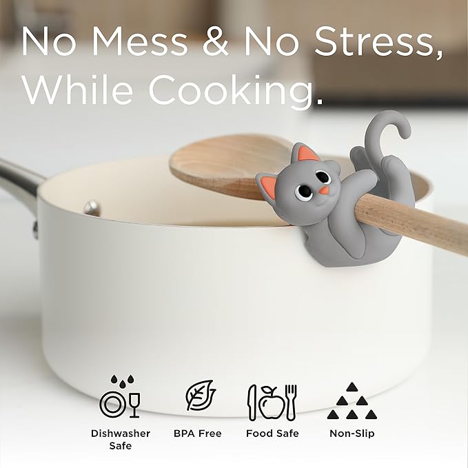 Gray Cat Spoon Rest for Stove Top – Silicone Pot Clip Utensil Holder & Lid Lifter – Funny Kitchen Gadget, Unique Grey Tabby Cat Gifts for Women – 3" x 2.5"