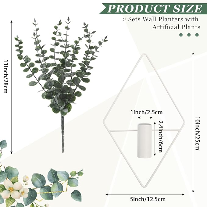 Jexine Hanging Planters with Artificial Eucalyptus Metal Hanging Vase Indoor Plants Holder Modern Geometric Boho Bathroom Wall Decor for Living Room Home Office(Eucalyptus,Matte White,4 Pcs)