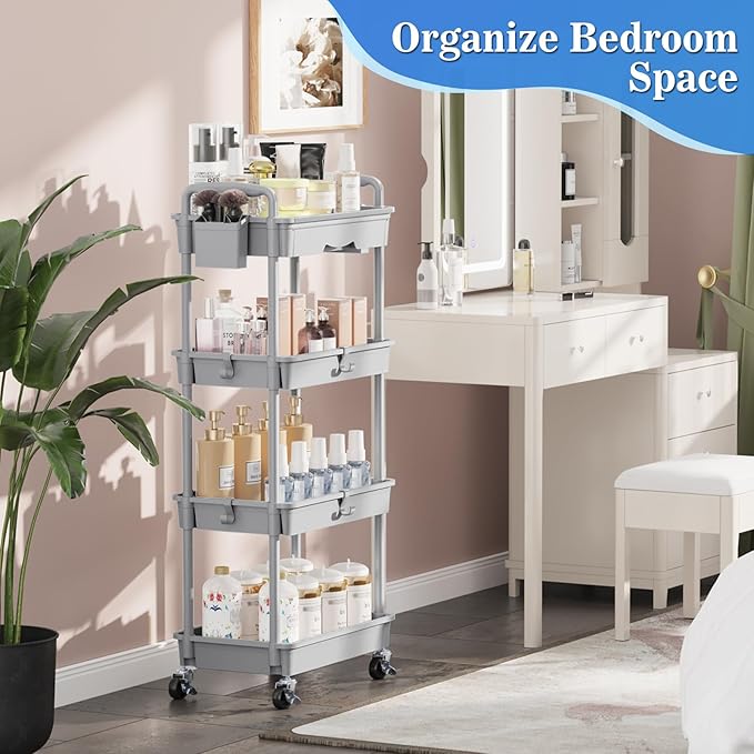 SUNALLY 4 Tier Rolling Utility Cart with Drawer, Storage Organizer Cart with 2 Lockable Wheels, Multifunctional Rolling Storage Cart for Bathroom, Kitchen, Craft, Makeup, Baby Essentials, Gray