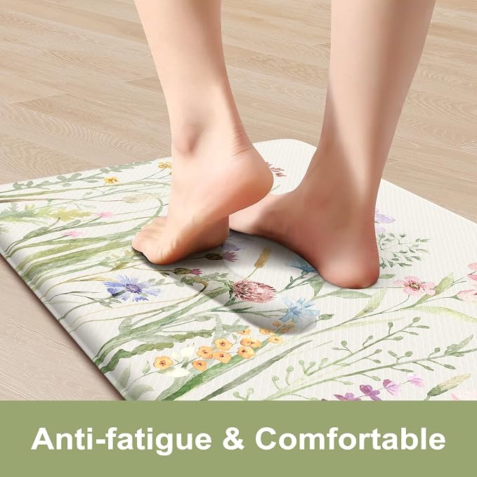 KIMODE Anti Fatigue Kitchen Mat 17.3"x29", Boho Floral Kitchen Floor Mats Non Slip, Waterproof Kitchen Mat for Floor, Padded Comfort Standing Mat for Laundry, Office, Sink, Desk White