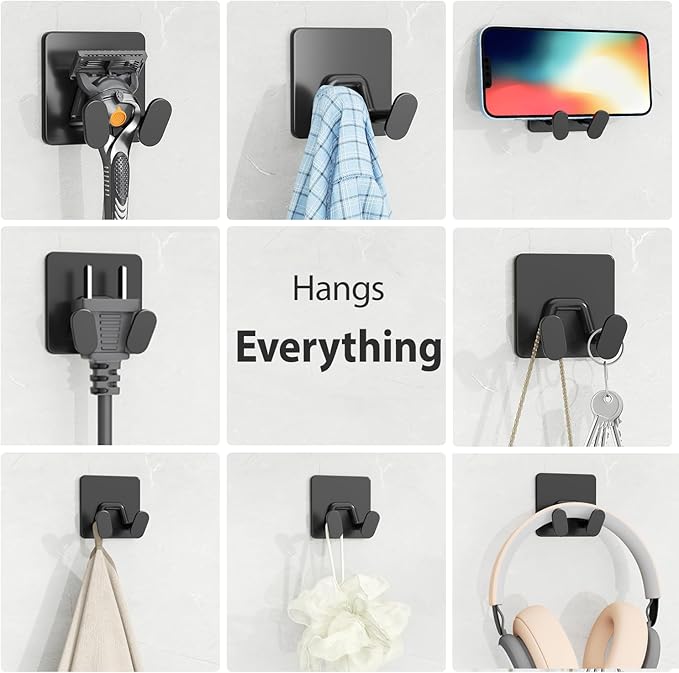 Adhesive Shower Hooks for Inside - Extra Sticky Stainless, Razor Holder Shower Accessories, Wall Mounted Self-Adhesive Double Hooks for Razor, Loofah, Towel, Shaver, Coat, Key, Matt Black, 6 Pack