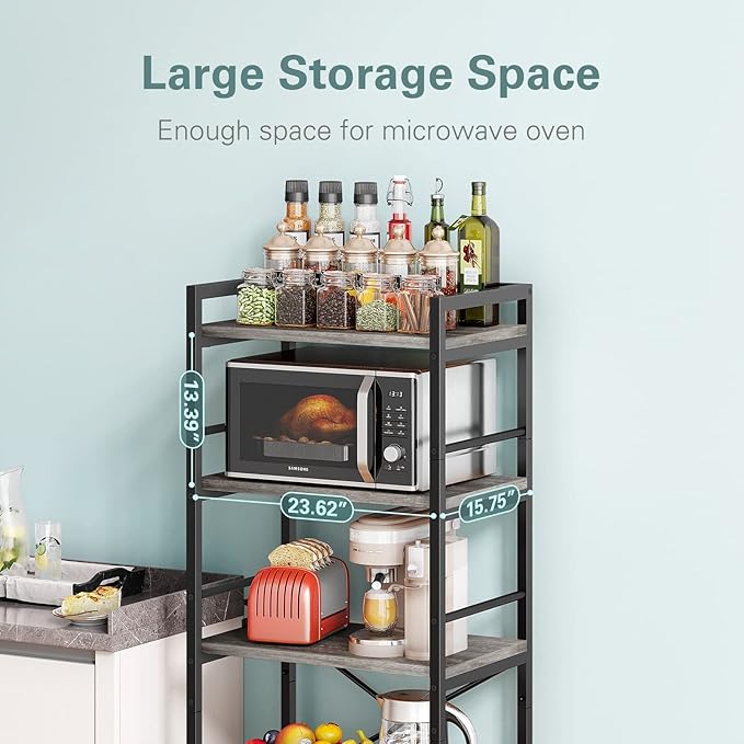 Denkee 5-Tier Bakers Rack for Kitchen with Storage, Industrial Microwave Stand Shelf, Coffee Bar for Small Spaces, Free Standing Kitchen Storage Shelf Rack, 23.62" L x 15.75" W x 60.24" H, Grey