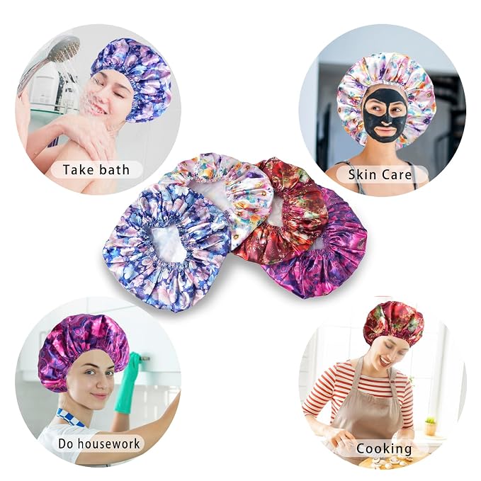 4 PCS Shower Cap for Women, Elastic and Reusable Bath Caps, Double Layers Shower Caps Reusable Waterproof, Bathing Shower Caps, Environmental Bath Hair Protection Cap - Printing Flower D