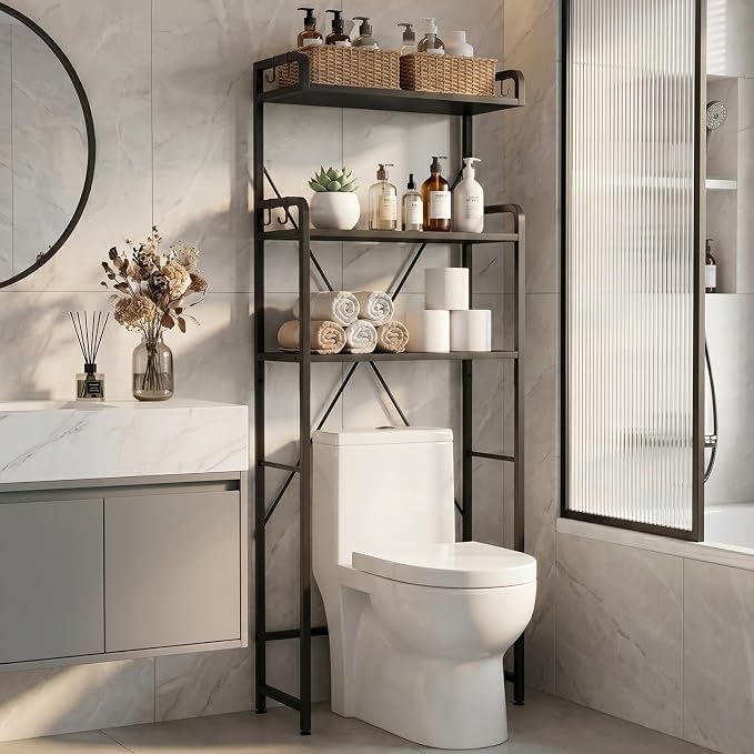 Over The Toilet Storage Cabinet, 3-Tier Bathroom Organizers and Storage with Hooks, Freestanding Shelf Toilet Rack, Small Bathroom Laundry Space Saver with Towel Rack & Toilet Paper Holder(Black)