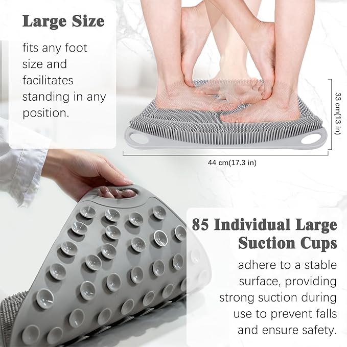 FREATECH Silicone Shower Foot Scrubber Mat 17.3" x 13", Large Foot Cleaner Brush to Clean, Exfoliate and Massage Feet Without Bending Over, Improve Foot Appearance and Overall Health, Grey