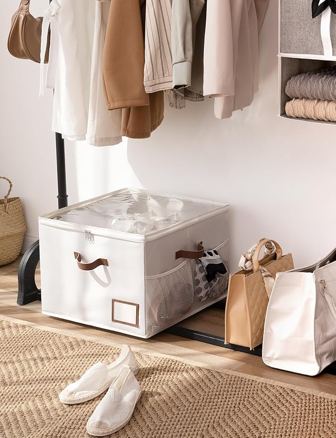 StorageWorks Shoe Organizer for Closet, Shoe Storage Bins with Clear Lid, Fabric Shoe Boxes with Side Mesh Pockets, Closet and Storage Bins for Slippers and Flats, Holds Up to 16 Pairs, Beige