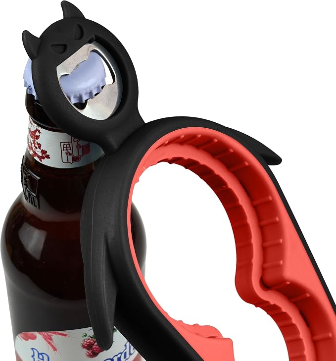 Jar Opener Bottle Opener for Arthritis, 5-in-1 Multifunctional Jar Opener, Easy Grip for Seniors and Weak Hands, Devil Shape Kitchen Gadget for Jar, Beer and Bottle (Black and Red)