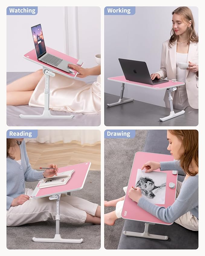 SAIJI Height & Angle Adjustable Laptop Stand for Bed, Lap Desk Bed Tray Table, Light Weight Foldable Portable Laptop Table for Couch Sofa Chair Floor Desk for Adults, Kids (Pink)