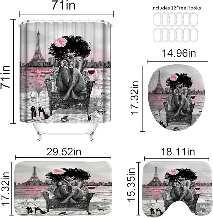 4Pcs Black Girls Bathroom Sets with Shower Curtain and Rugs, African Shower Curtain Set for Women, Eiffel Tower Pink Pattern Waterproof Fabric with 12 PCS Hooks, Cortina de baño Set completo