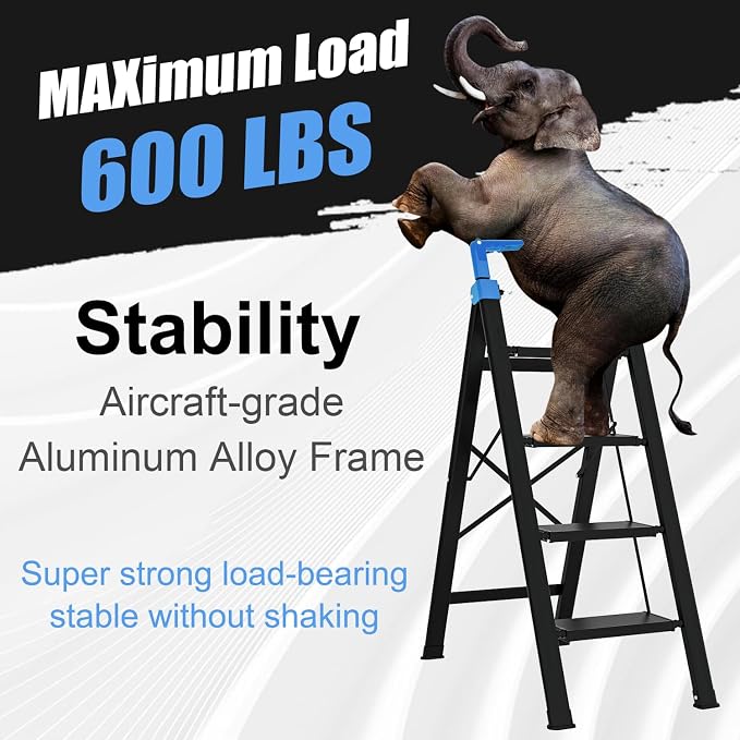 4 Step Ladder,Extendable Single-Handrail Lightweight Aluminum Step Ladder 4 Step Folding,600lbs Max Load Capacity for Household,Kitchen,Office (Blue)
