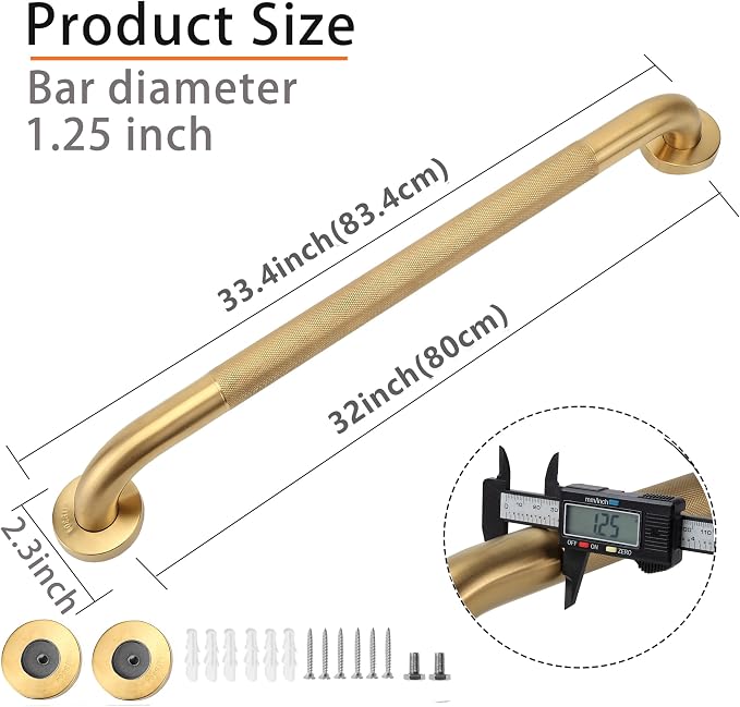 Shower Grab Bar, 2 Pack 32 Inch Gold Bathroom Grab Bar, 1.25" Diameter 304 Stainless Steel Anti-Slip Grab Bars for Bathtubs and Showers, Handicap Shower Grab Bar for Seniors Elderly