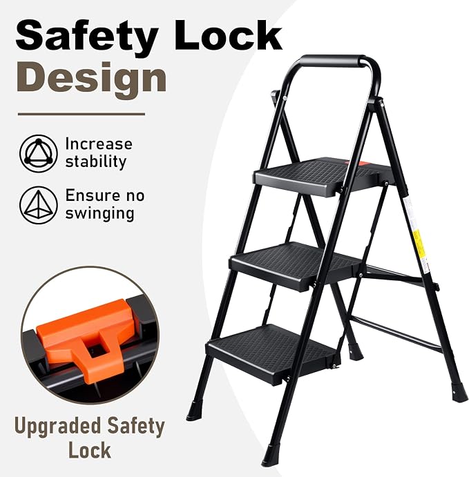 Valeo 3 Step Ladder, 3 Step Ladder for Adults with with Safe-Lock Design, Wide Anti-Slip Pedal, 500lbs Sturdy Steel Ladder, Step Stool Foldable with Cushioned Handle,Black