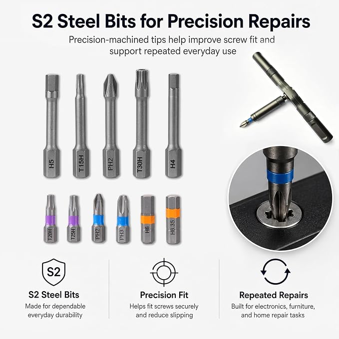 42 in 1 Magnetic Ratcheting Screwdriver Set with T-Handle, S2 Steel Multi-Bit Repair Tool Kit for Electrical Appliance, Furniture Assembly, Electronics, Laptop, Doorbell, Computer & DIY