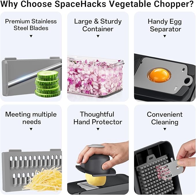 SpaceHacks 12-in-1 Vegetable Chopper, Kitchen Gadgets with 7 Blades, Veggie, Food, Onion Chopper, Cucumber Slicer, Versatile Mandoline, Includes Egg Separator & Finger Guard, Gray